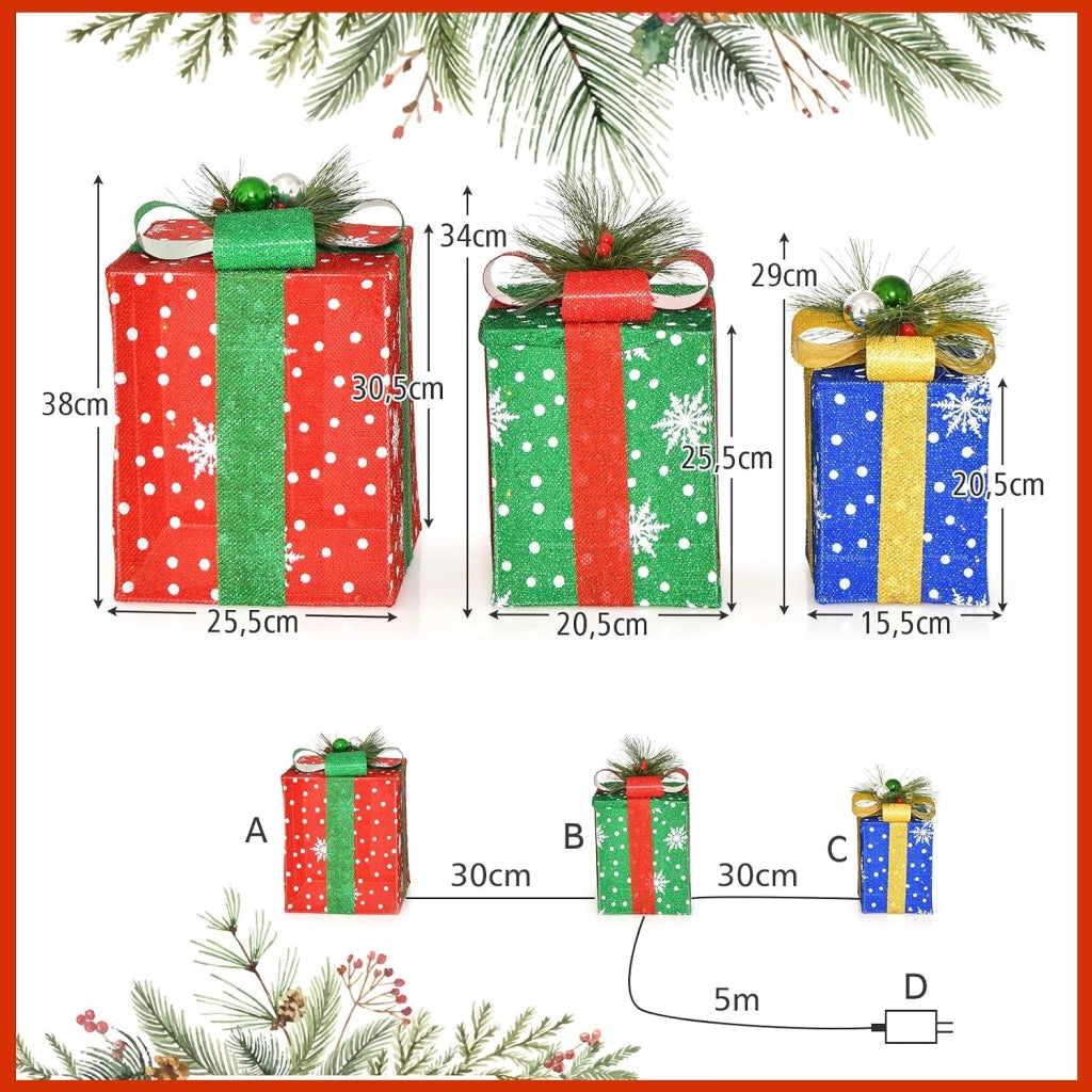 Decorazioni Scatola Regalo di Natale, Set di Scatole Regalo Illuminate, Decorazione Natalizia per Interni ed Esterni con 52 Luci LED per Esterno (Rosso+Verde+Blu)