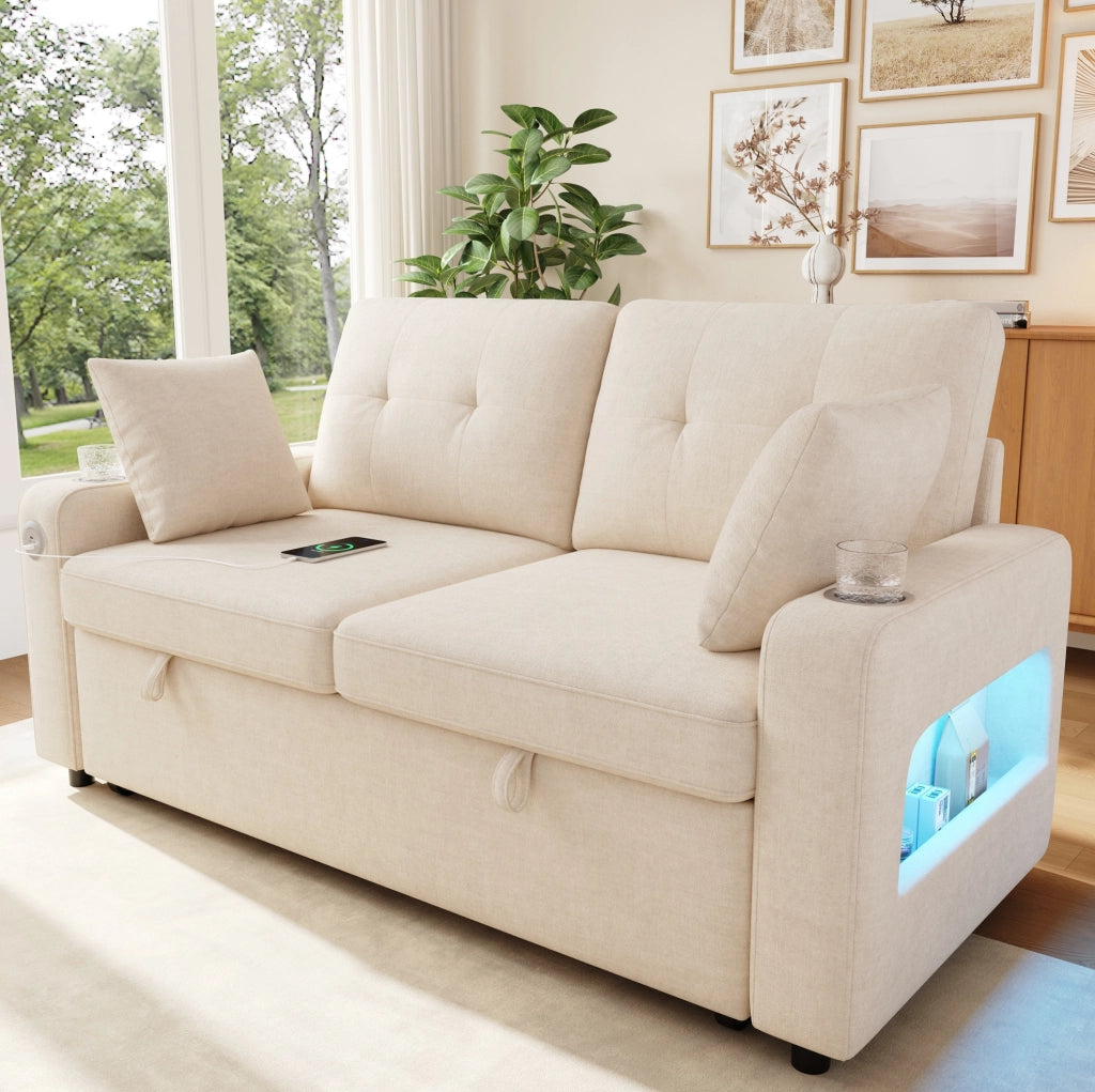 Divano 2 posti trasformabile con letto; LED; USB Type-C; braccioli con vano portaoggetti; beige