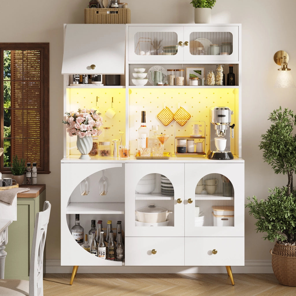 Credenza alta da cucina con 2 ante; 1 cassetto; vani aperti; LED e prese integrate; in MDF e vetro; 120x40x176 cm