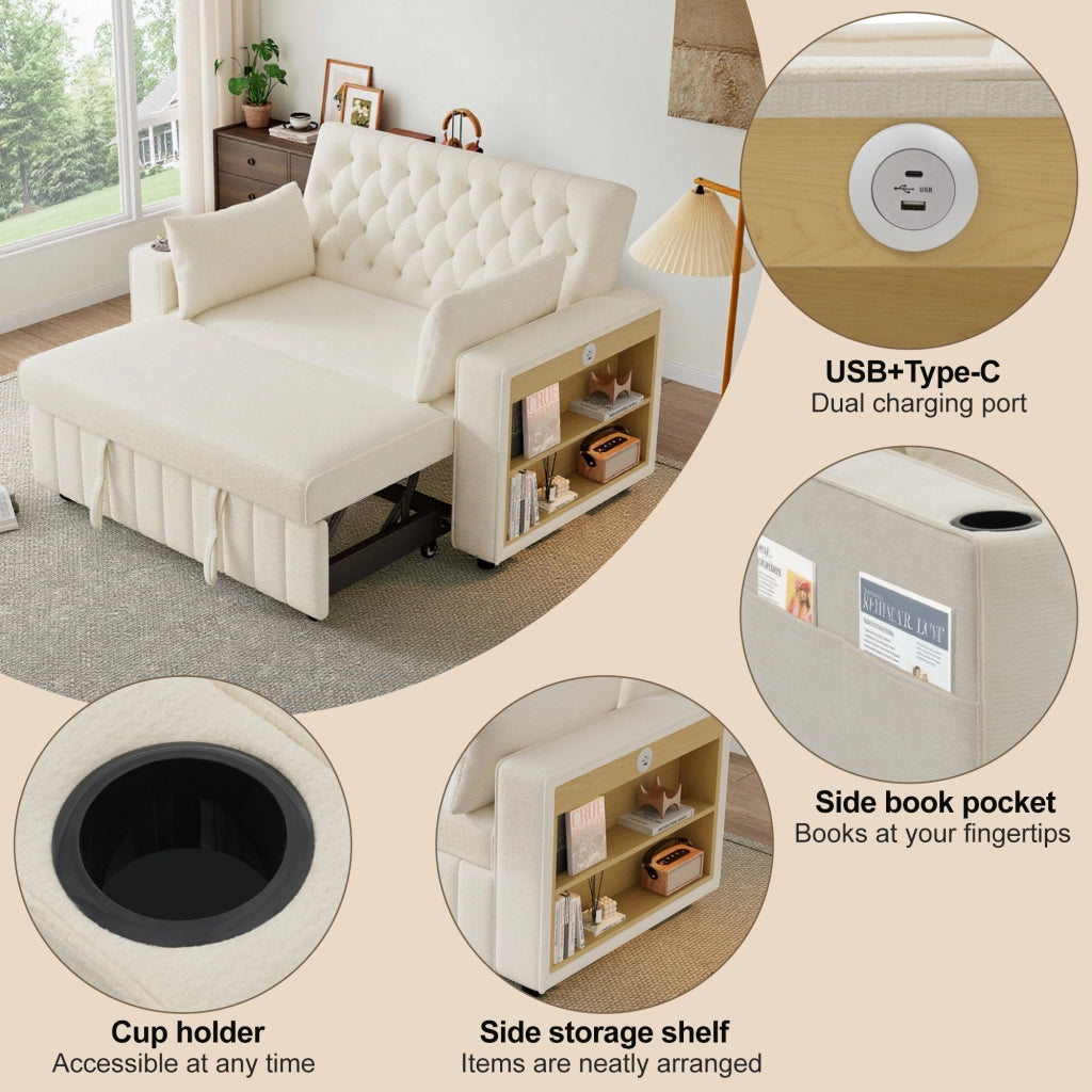Divano letto 2 posti - con funzione letto; USB; portabicchieri e libreria - in chenille beige