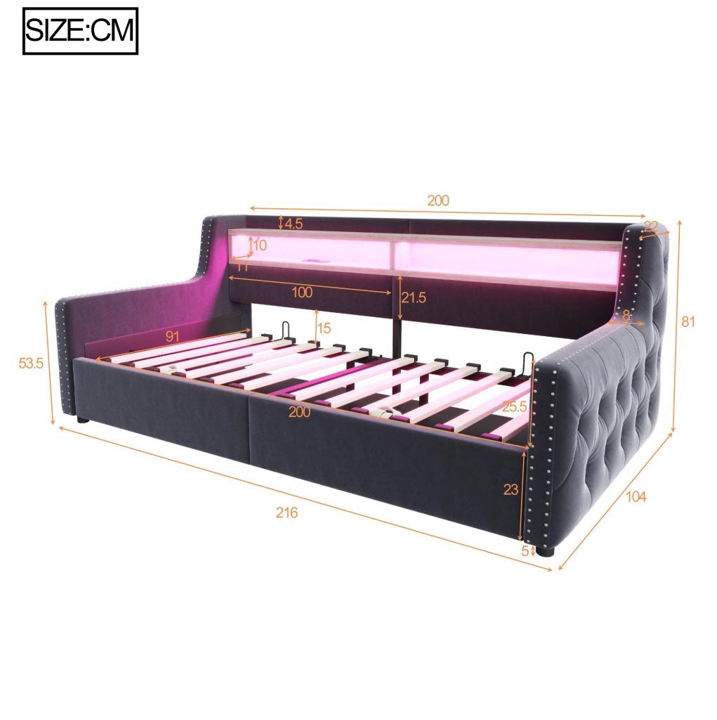 Divano letto 90x200 cm con contenitore, LED, USB e USB-C in velluto grigio