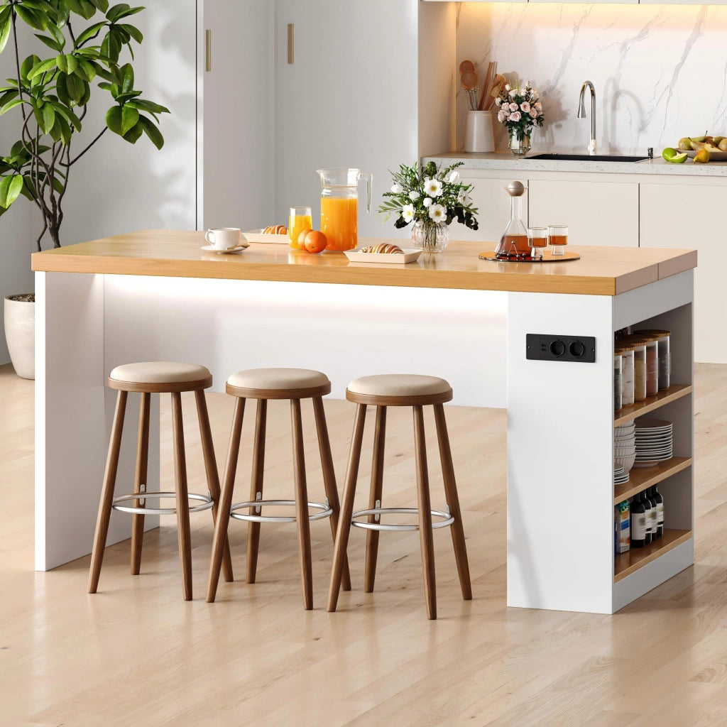 Isola da cucina 155x80x90 cm con LED, prese di corrente e 3 ripiani aperti