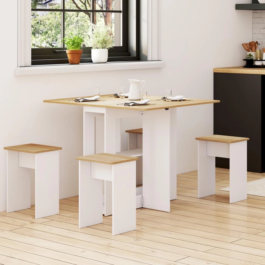 IDMarket - EDI Consolle Pieghevole per 2-4 Persone in Legno Bianco con Piano in faggio e 4 sgabelli