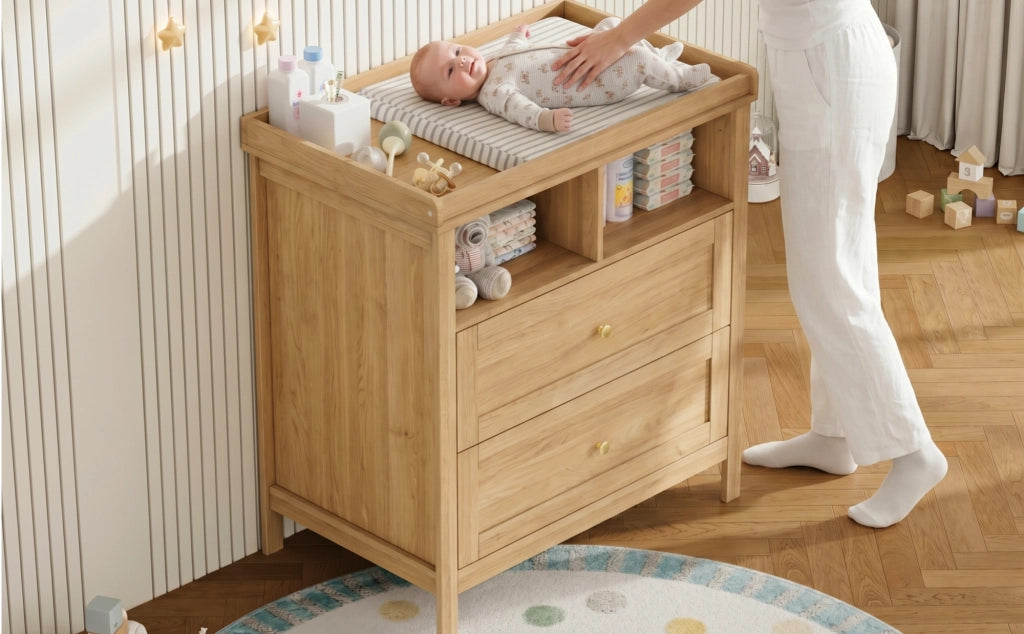 Cassettiera fasciatoio multifunzionale con piano rimovibile, 82x50x90 cm, MDF, colore naturale