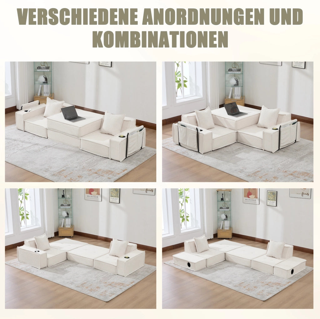 Pouf-sofà in velluto a coste beige con cuscini e tasche laterali