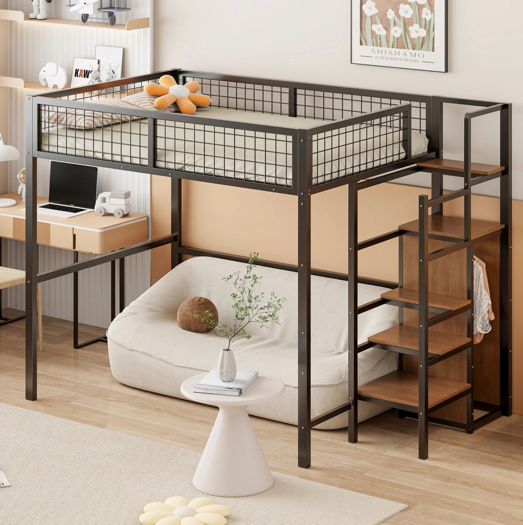 Letto a soppalco 140x200 cm nero in metallo con scala e armadio