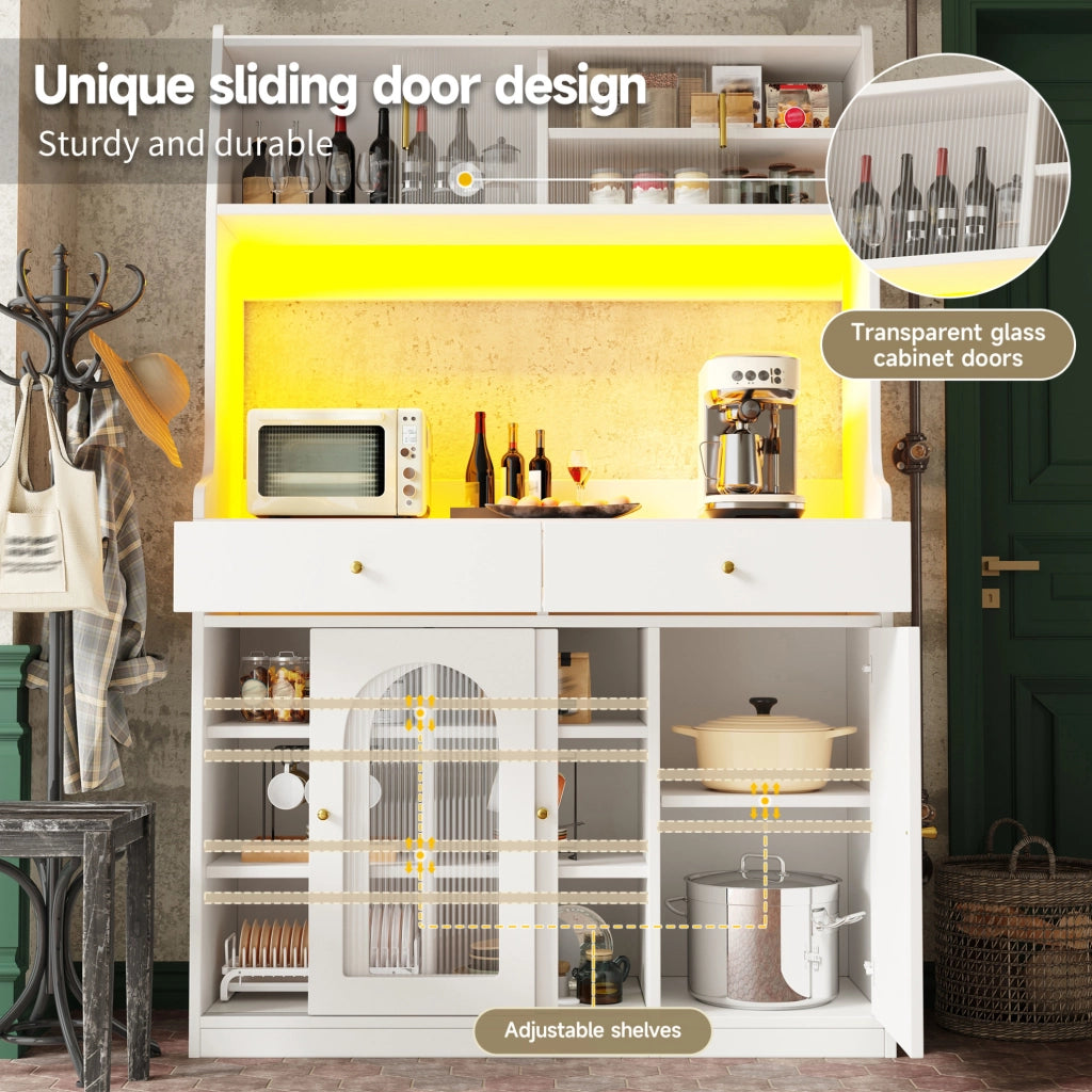 Credenza alta 120x40x180 cm con LED da app; ripiani regolabili e cassetti in MDF e PB bianco