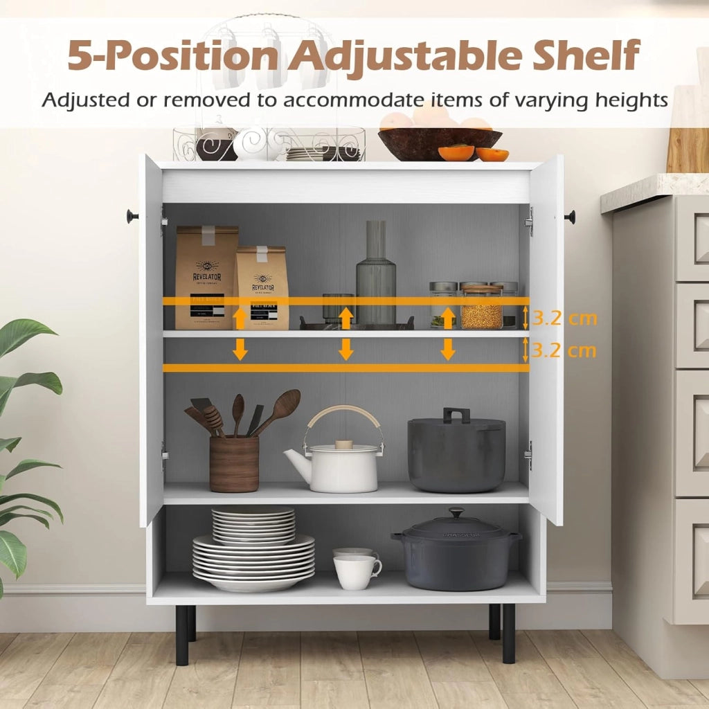 Buffet Soggiorno, Scaffale regolabile in 5 posizioni, scomparto aperto, 2 ante, armadio da cucina, kit antiribaltamento, armadio per ingresso, sala da pranzo, soggiorno, bianco