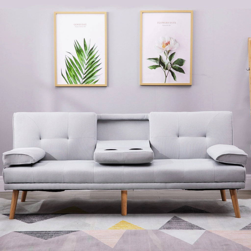 Divano letto 3 posti imbottito con schienale regolabile e portaoggetti ¨C zephmum ¨C tessuto grigio chiaro 200x90x80 cm
