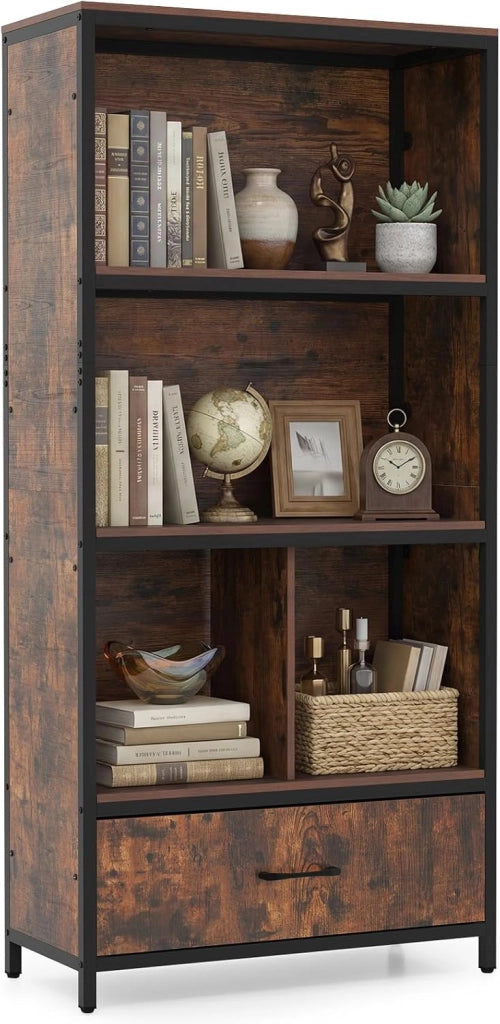 Libreria Scaffale a 3 Livelli, Mobile Alto con 4 Scomparti 1 Cassetto in Tessuto Pieghevole e 2 Dispositivi Antiribaltamento, per Studio e Ufficio, 68x30,5x151,5 cm (Marrone)