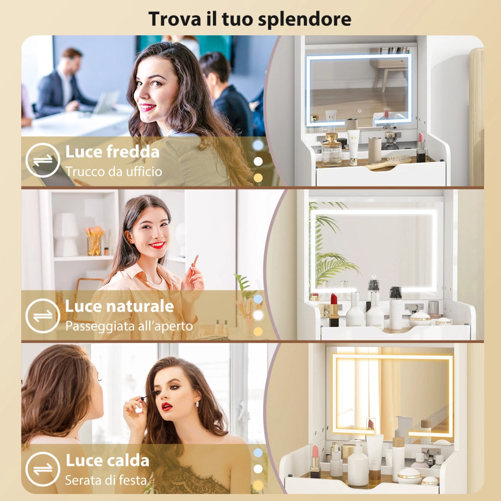 Toeletta Trucco con Specchio Illuminato e Sgabello, Luce Regolabile, Cassetti e Armadietto, Bianco