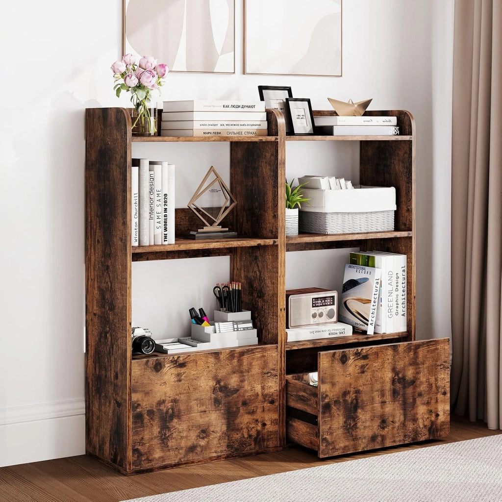 Libreria di libri con 3 ripiani aperti e 1 cassetto, libreria in legno con kit antiribaltamento, 55 x 29 x 105 cm, scaffale di stoccaggio per soggiorno, ufficio, camera da letto (marrone