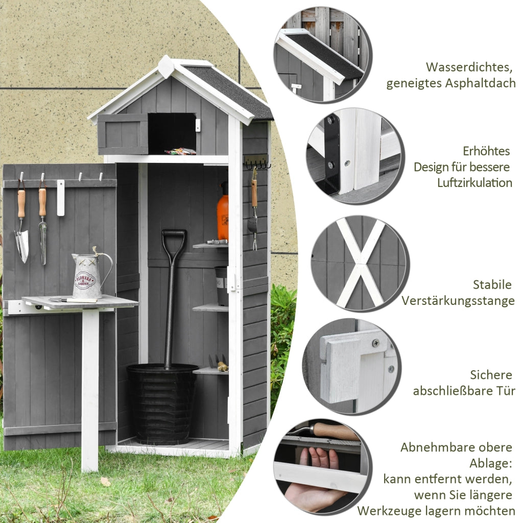 ARMADIO DA GIARDINO 78x52,5x182 cm Grigio Scuro in Legno con Tavolino Pieghevole