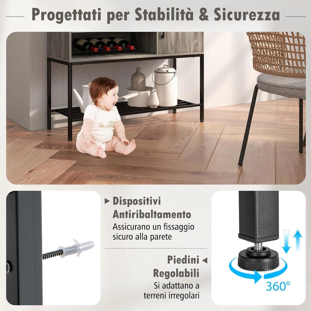 Credenza Buffet da Cucina, Mobile da Cucina con Portabottiglie e Mensole, per Sala da Pranzo, Soggiorno e Ingresso, 100 x 35 x 83 cm (Grigio)