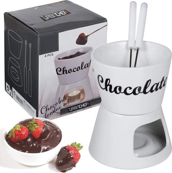 Set di Fonduta al Cioccolato - 4-Del - Ciotola di Smaltatura in Ceramica - Riscaldamento a Luce di Cera - 2 Forchette