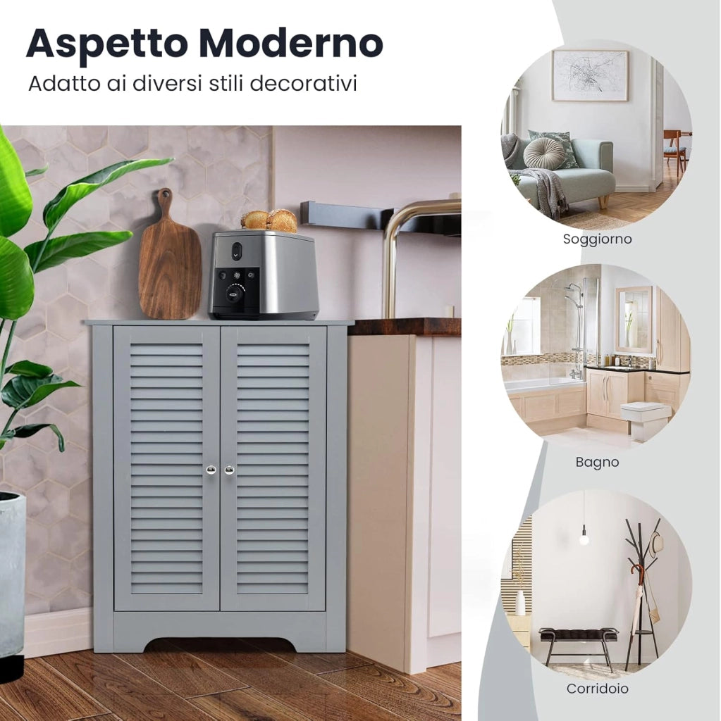 Mobile Angolare, Armadietto ad Angolo con 3 Livelli Ripiani, con 2 Ante e Ripiano Regolabile in Altezza, per Bagno, Ingresso, Soggiorno, Camera da Letto (Grigio)