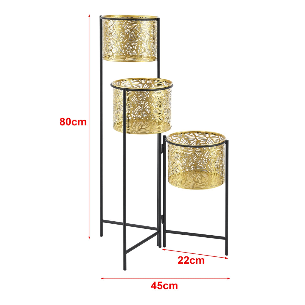 Porta Vasi da Interno Portapiante Stand per Piante con 3 Coprivasi Struttura Pieghevole Nero con 3 Porta Vasi Cilindrici in Altezze Diverse Color Ottone [en.casa]