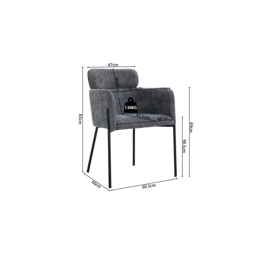 Sedia da pranzo CAMPBELL – Tessuto grigio – Braccioli – Piedi in metallo nero – Stile design / industriale
