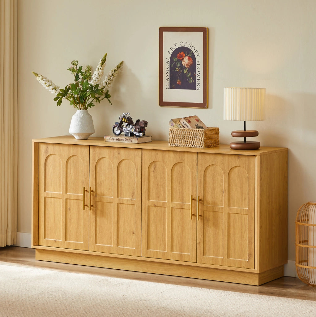 Credenza moderna 169 cm in MDF effetto legno naturale; con ante curve e ripiani regolabili