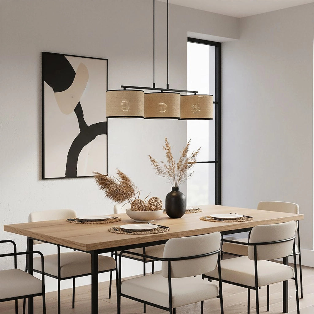 Lampada a sospensione Eco in acciaio nero e rattan