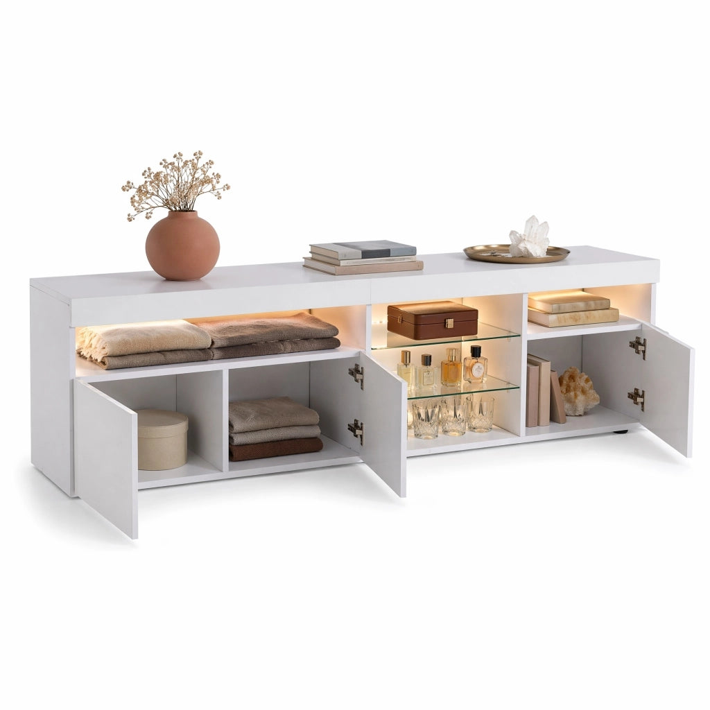 Mobile TV moderno bianco lucido 180 cm con LED variabile e ante in vetro laminato