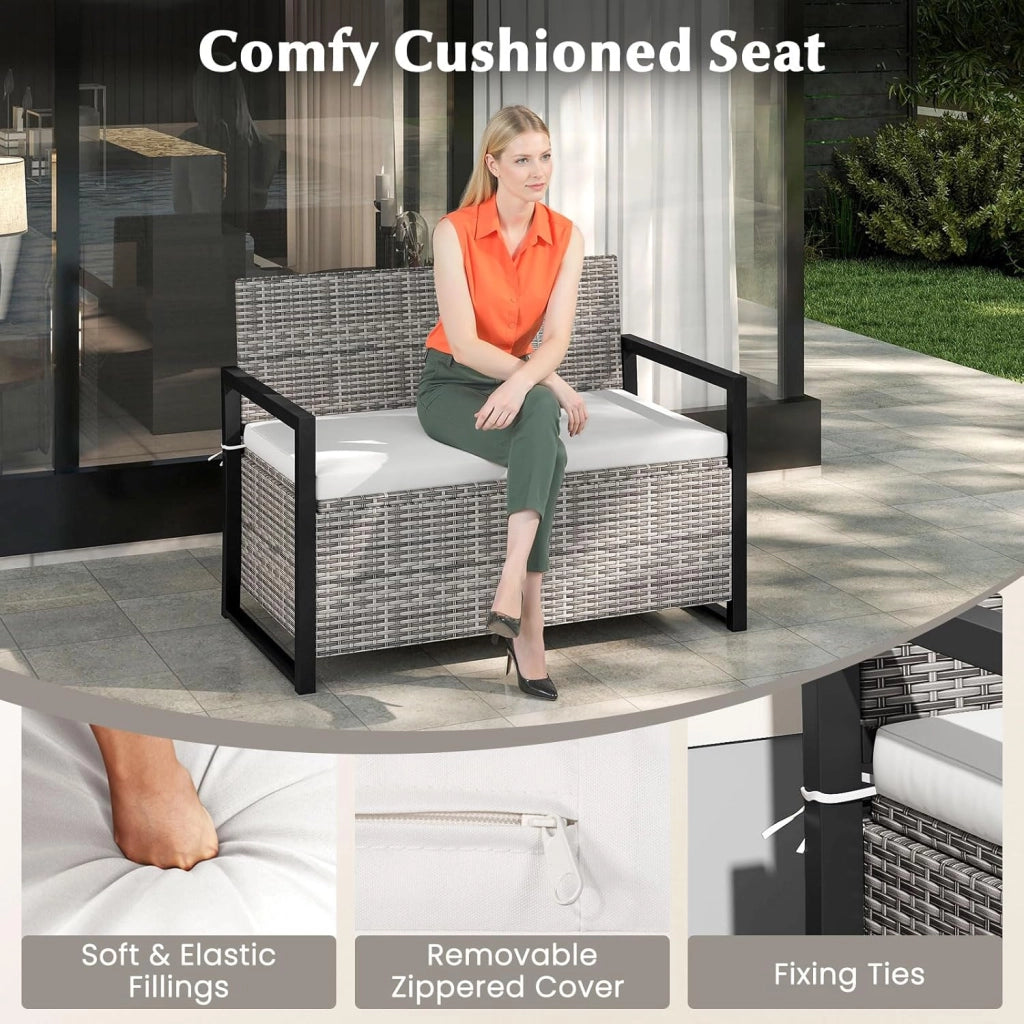 Panca da giardino in rattan, con spazio di archiviazione da 150 l, per esterni, con cuscino, per 2 persone, con schienale e braccioli, portata 360 kg, 117 x 62 x 85 cm