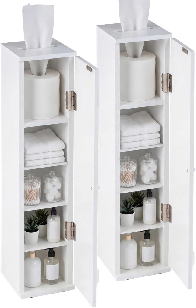 Mobiletto da Bagno a 5 livelli, Armadietto a Colonna Salvaspazio con Ripiani Rimovibili, Uscita per Carta Igienica e 2 Dispositivi Anti-ribaltamento per Ingresso, 16 x 16 x 69 cm (2)