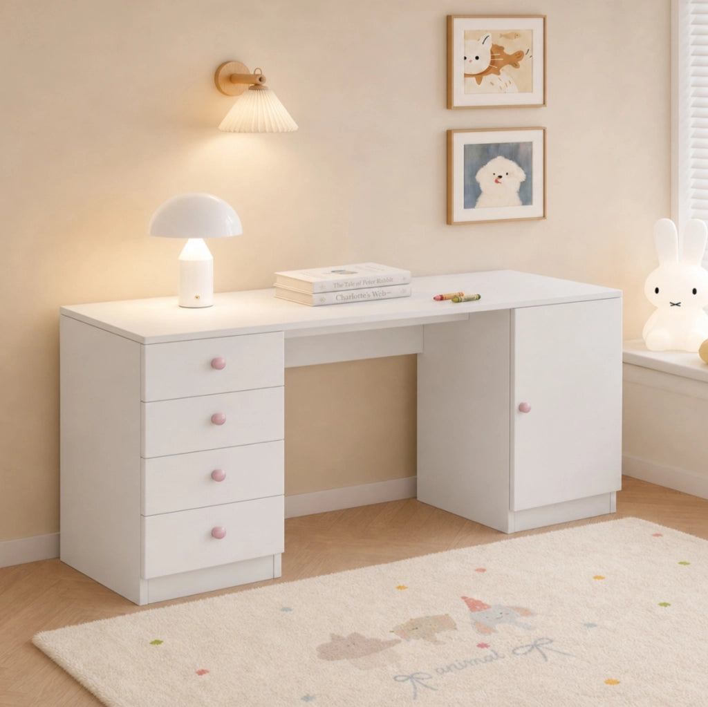 Scrivania per bambini con 4 cassetti e mobiletto, MDF bianco HAVRYA