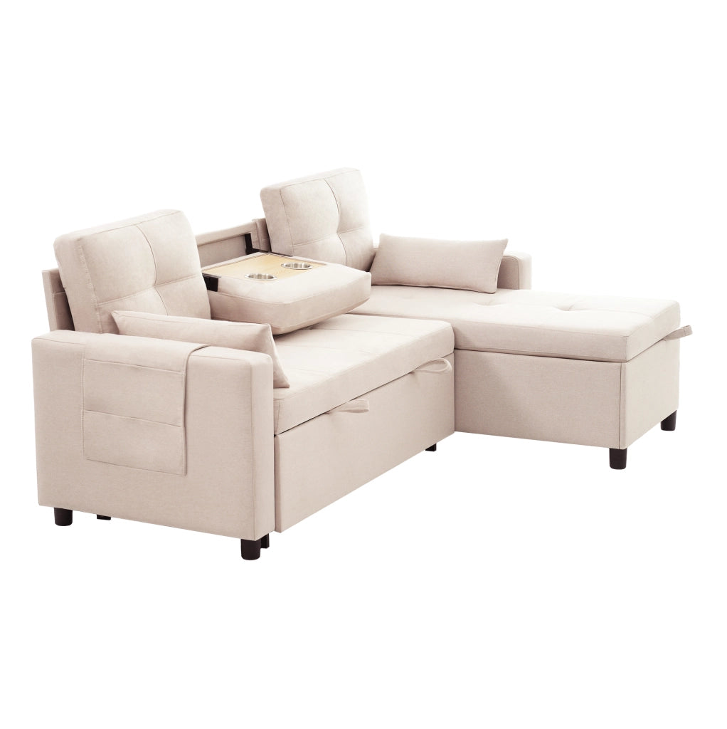 Divano letto angolare 211x136x87 cm estraibile modulare con contenitore in lino beige