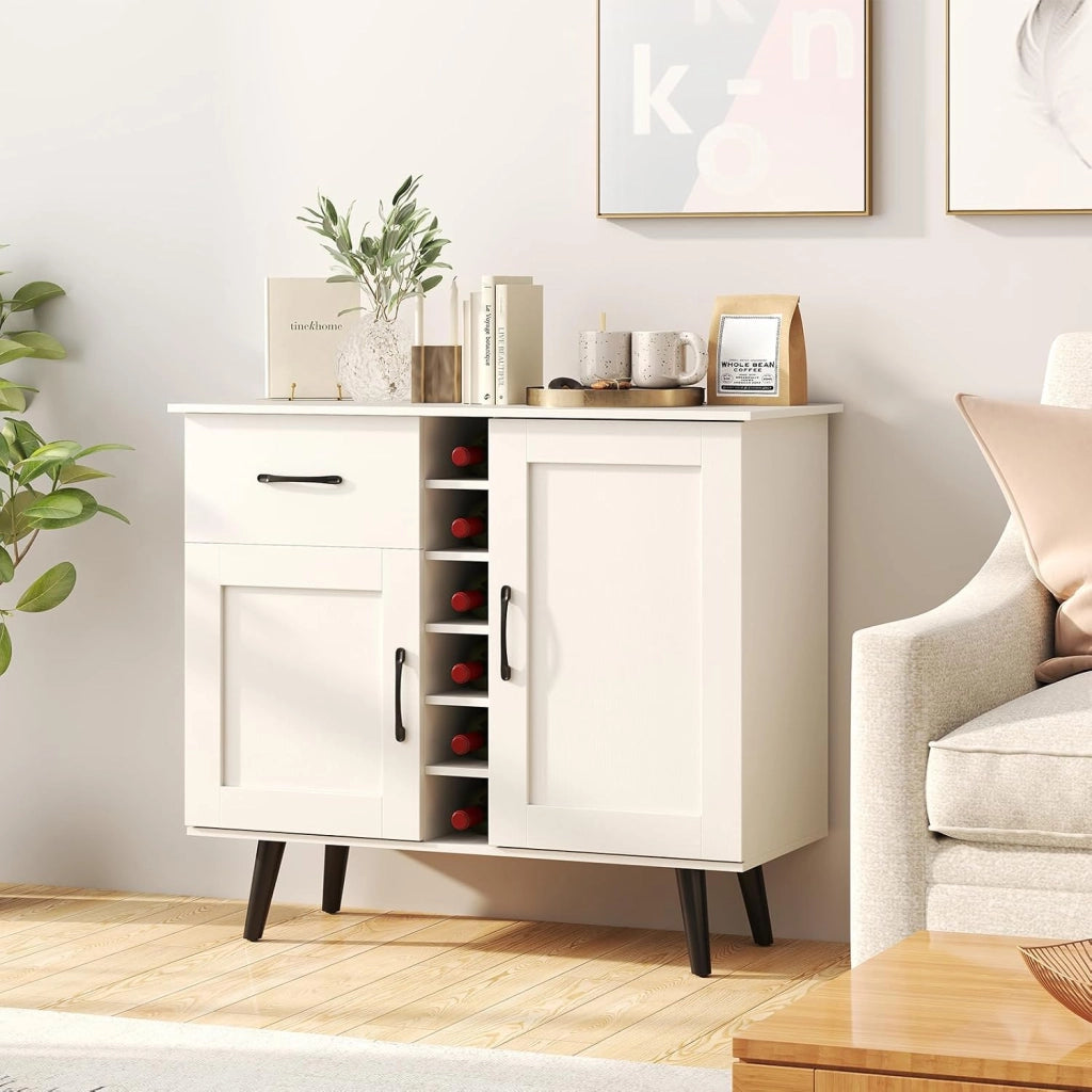 Credenza Buffett da Cucina con 6 Cubi Porta Bottiglie di Vino, Mobile da Cucina con Cassetto, 2 Ante e 2 Ripiani Regolabili, Armadio in Legno Salvaspazio per Soggiorno, 90 x 40 x 79 cm, Bianco