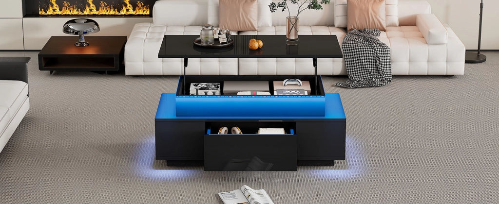 TAVOLO DA SALOTTO ALZABILE 96x45x40 cm NERO in pannello di legno con LED e cassetto