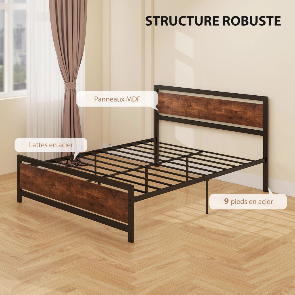 Letto matrimoniale in metallo con testiera e rete a doghe ¨C Xylo ¨C 200x160 cm effetto legno scuro