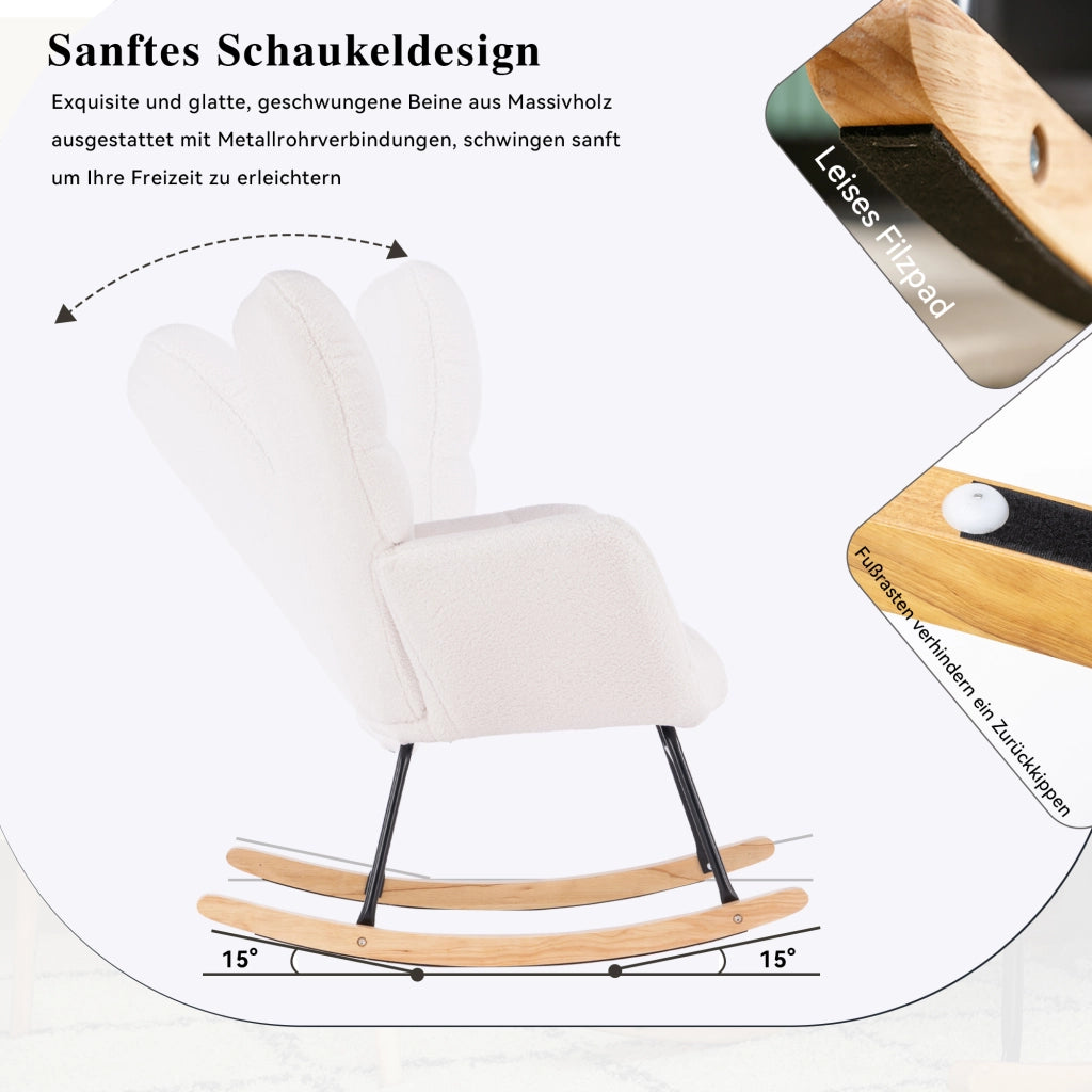 Sedia a Dondolo con Schienale Alto Ergonomico; Braccioli Imbottiti e Base Silenziosa; in Teddy Bianco