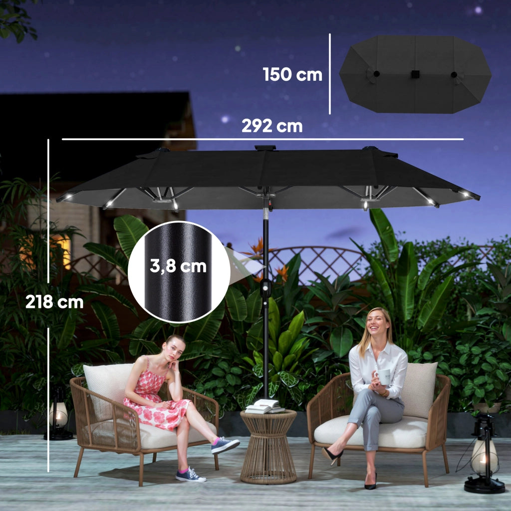 Ombrellone da giardino doppio 3x1.5 m ¨C zephmum ¨C grigio con illuminazione solare e manovella