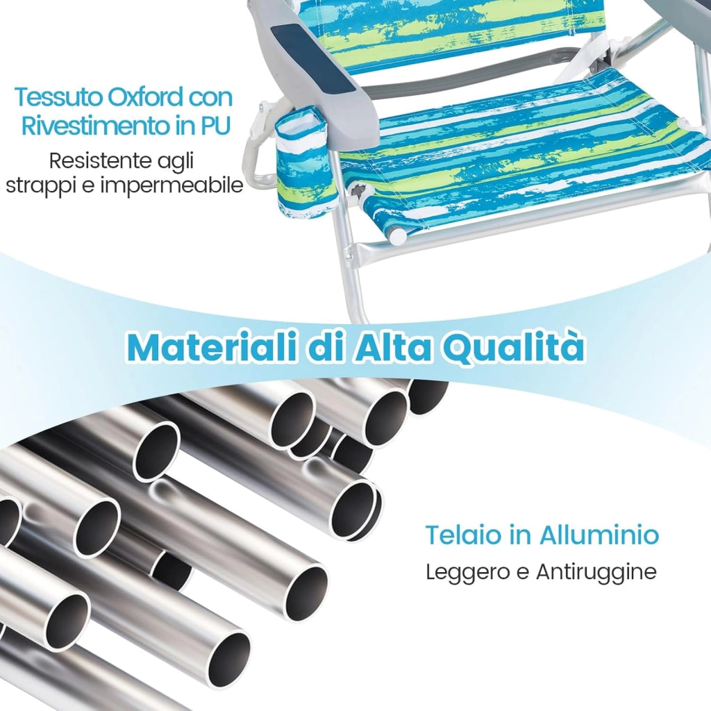 Set di 2 Sedie Pieghevole da Spiaggia, Lounge Sdraio con 5 Posizioni Regolabili, Poltrona da Mare con Cuscino, Porta Asciugamano, Braccioli & Portabicchieri, Portata 150 kg (Verde)