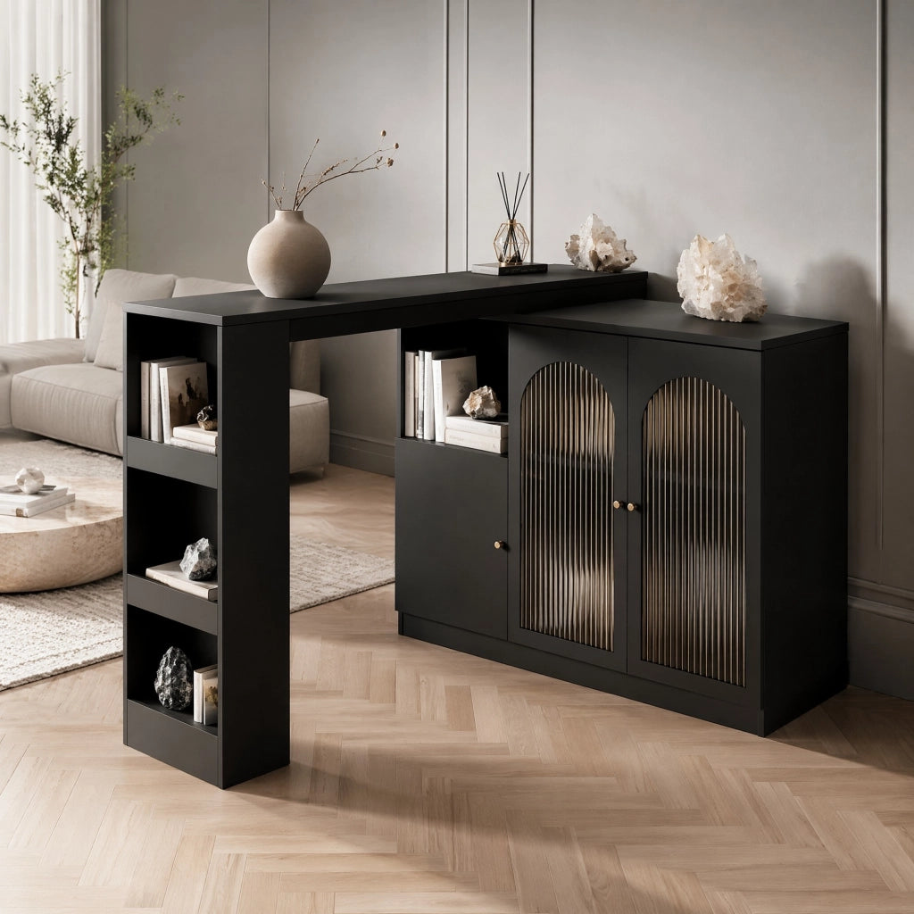Mobile Bar con Anta in Vetro; Ripiani Aperti e Rotazione a 360°; per Cucina e Sala da Pranzo; in MDF; Nero