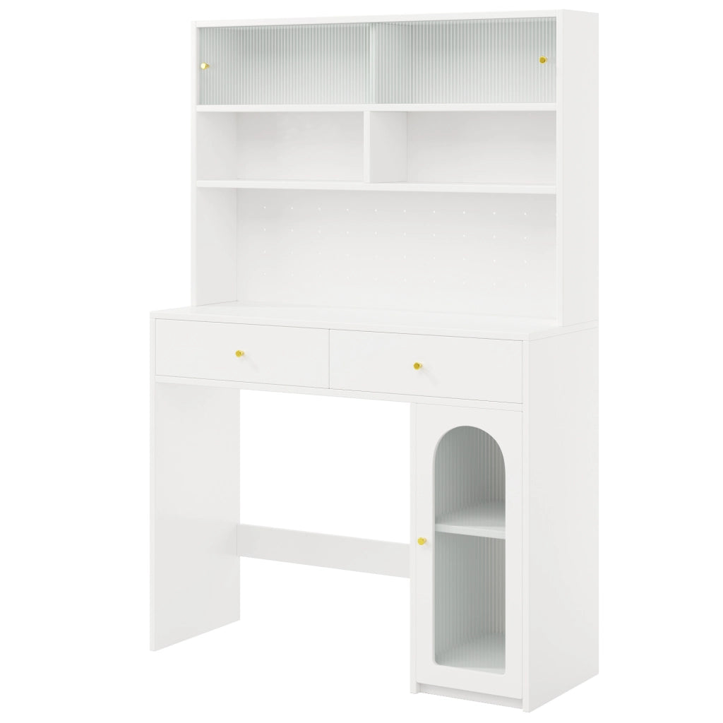Credenza cucina 120x45x180 cm con piano di lavoro; ganci e 2 cassetti in MDF bianco