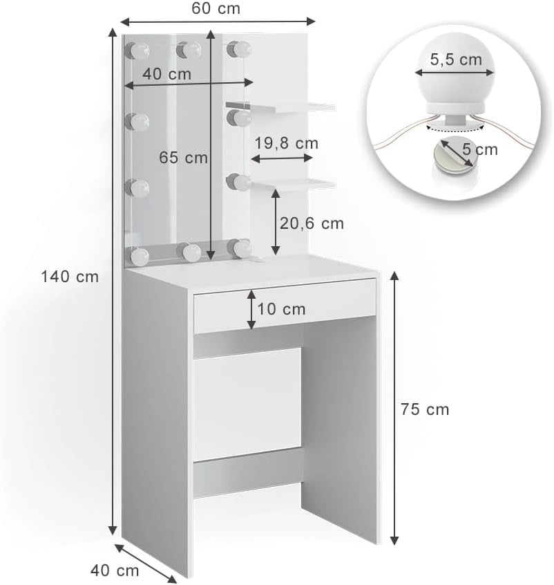 Tavolo da toeletta Isabelle, Bianco, 60 cm con illuminazione a LED, Salvaspazio e funzionale allo stesso tempo