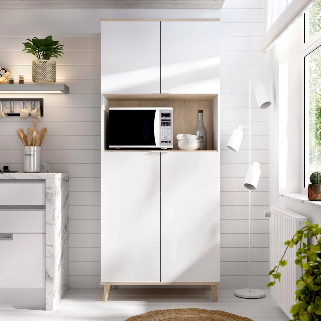 Credenza Acura, Buffet dispensa da soggiorno, Madia da salotto moderna a 4 ante, 80x40h191 cm, Bianco e Rovere