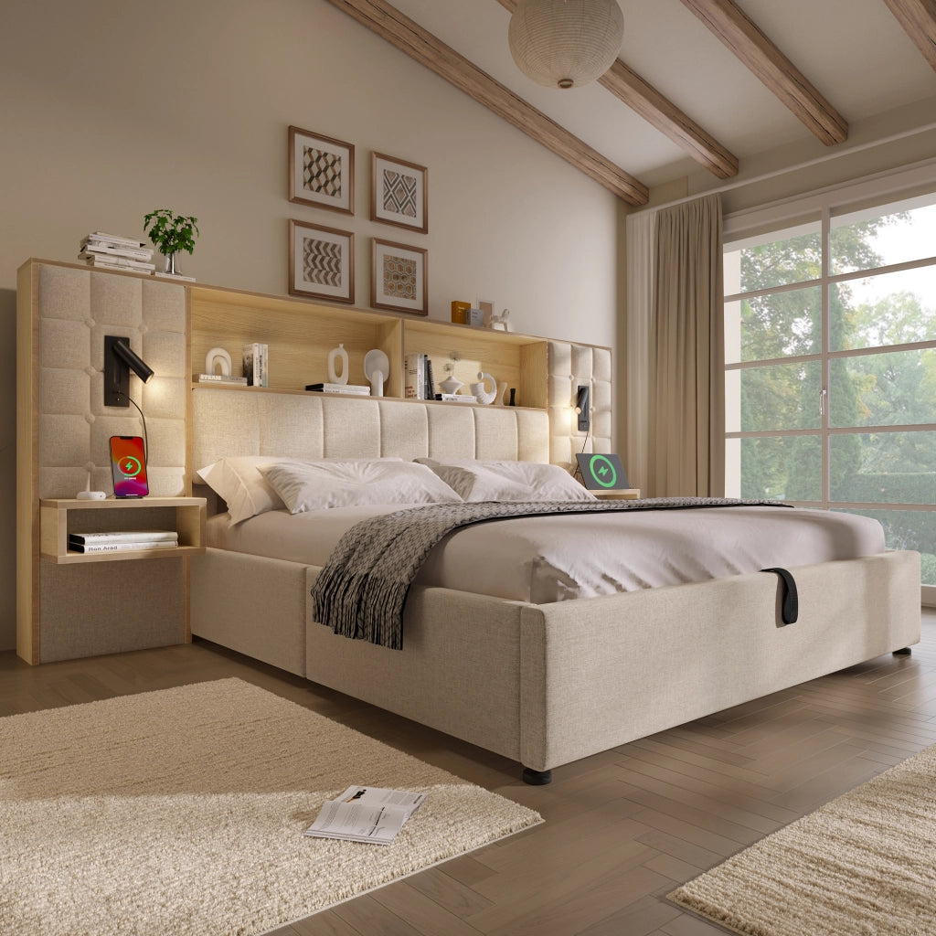 Letto matrimoniale contenitore 160 × 200 cm con 2 comodini, USB, Type-C, 2 lampade da lettura, senza materasso