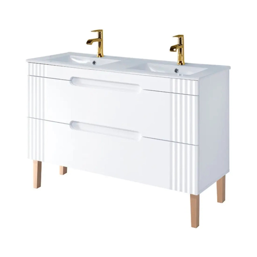 Set da bagno FIDJI: mobile sotto lavabo 120cm + doppio lavabo da incasso + 2 sifoni + piedi