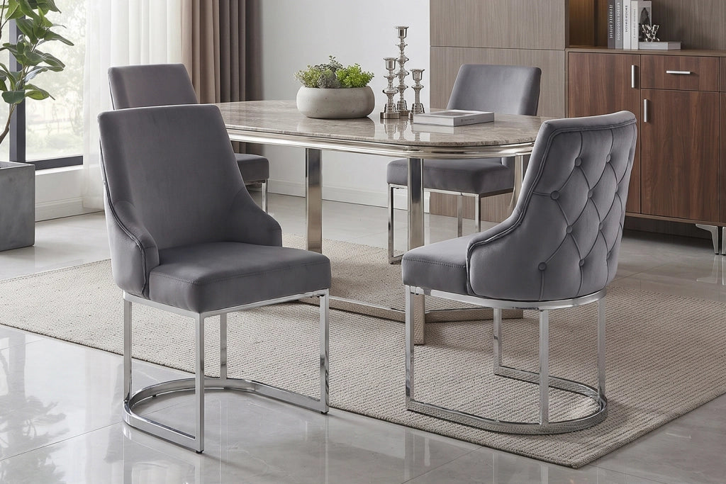 SEDIA da pranzo in velluto grigio e metallo argento, Set da 4 pezzi