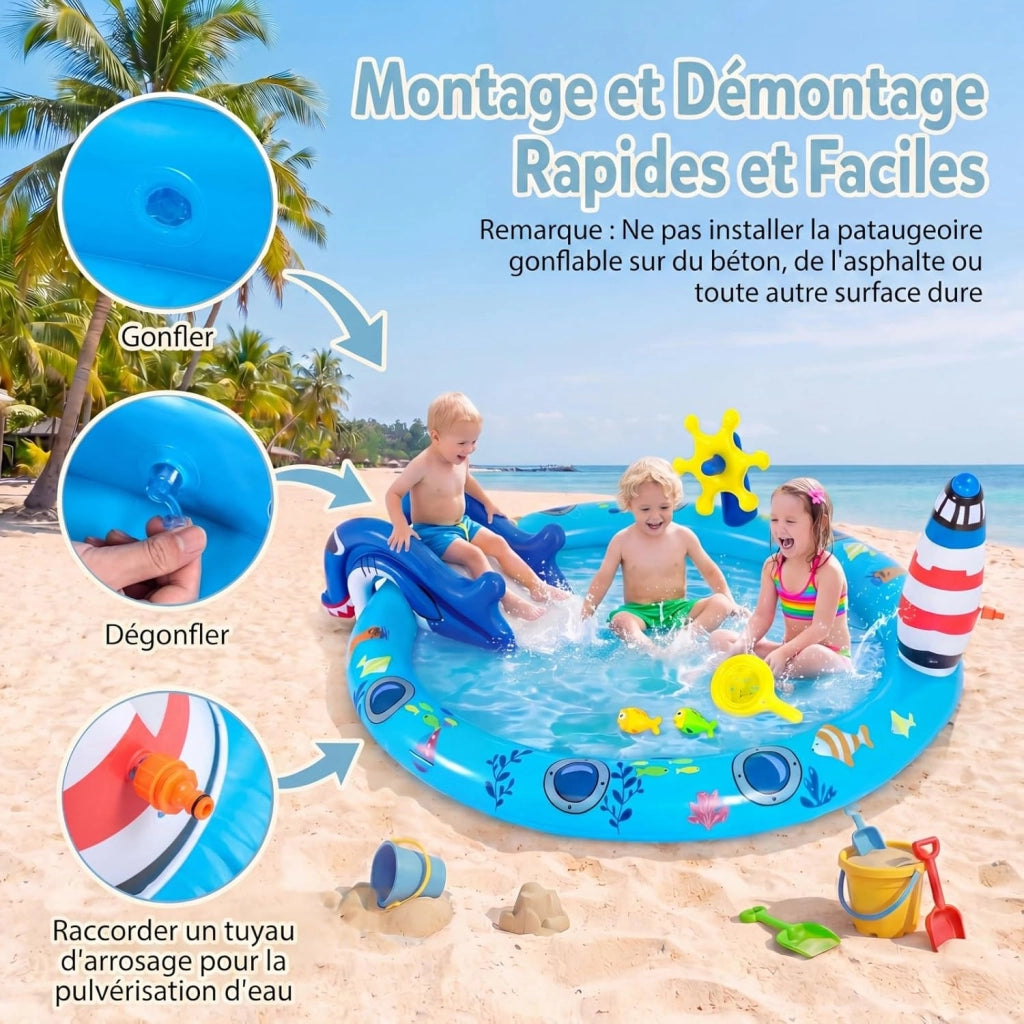 Piscina Gonfiabile Bambini, Parco Giochi Acquatico a Tema Marino con Scivolo, Irrigatore, Timone, 2 Pesci Giocattolo, Retino e 2 Toppe di Riparazione per Bambini 2-6 Anni, 188 X 153 X 63 CM