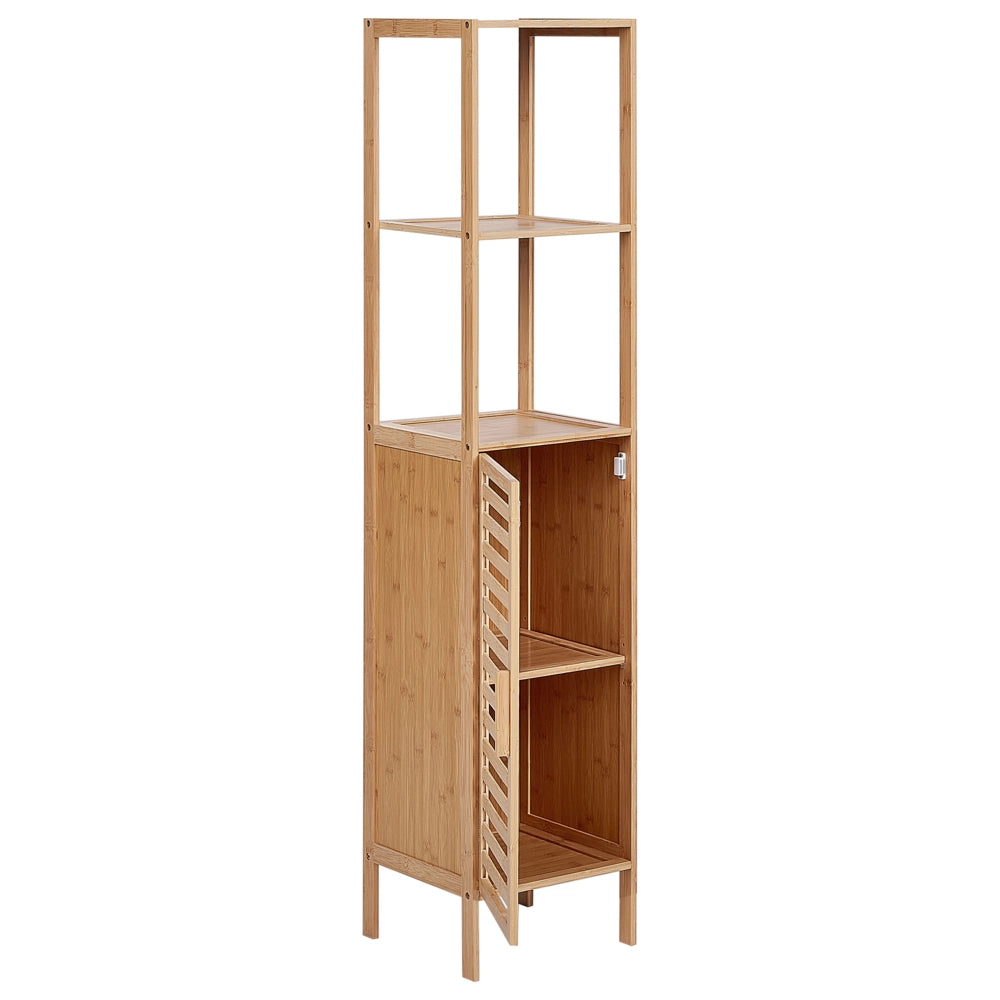 Scaffale da bagno in marrone chiaro di bambù con ripiani e porta Minimalista