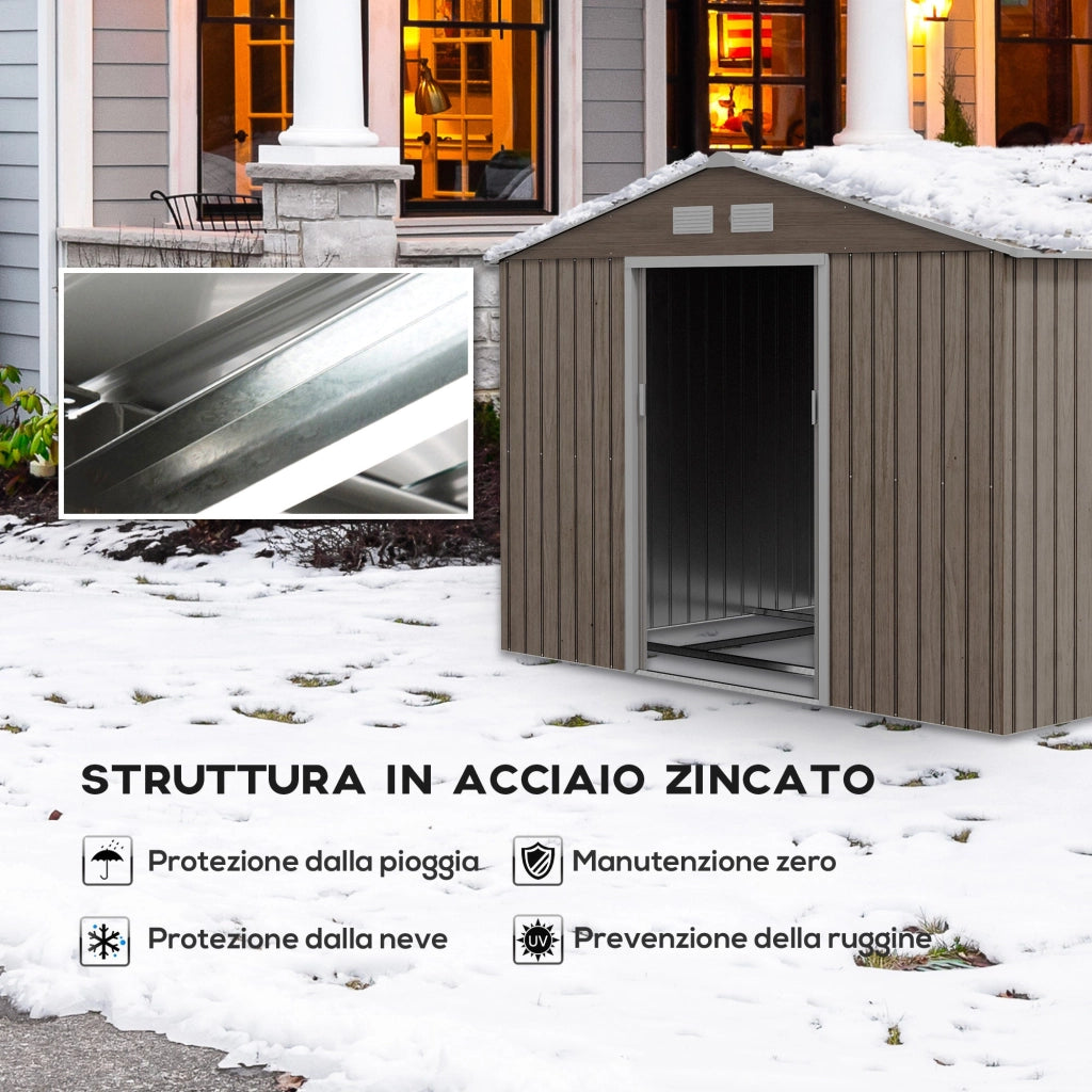Casetta da Giardino con 4 Prese d'Aria e 2 Porte Scorrevoli 277x195x192 cm in Acciaio Marrone Chiaro