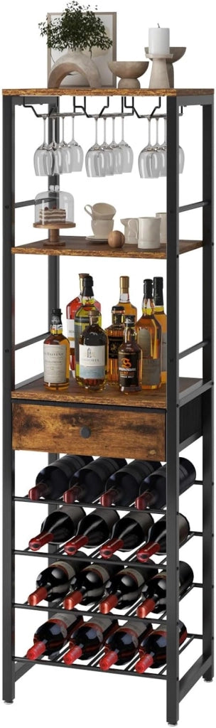 Portabottiglie da Terra a 4 Livelli con Portabicchieri e Cassetto, Portabottiglie da 16 Bottiglie da Banco in Legno, Per Cantinetta Vino, Cucina, Sala da Pranzo, Marrone TMJ905H