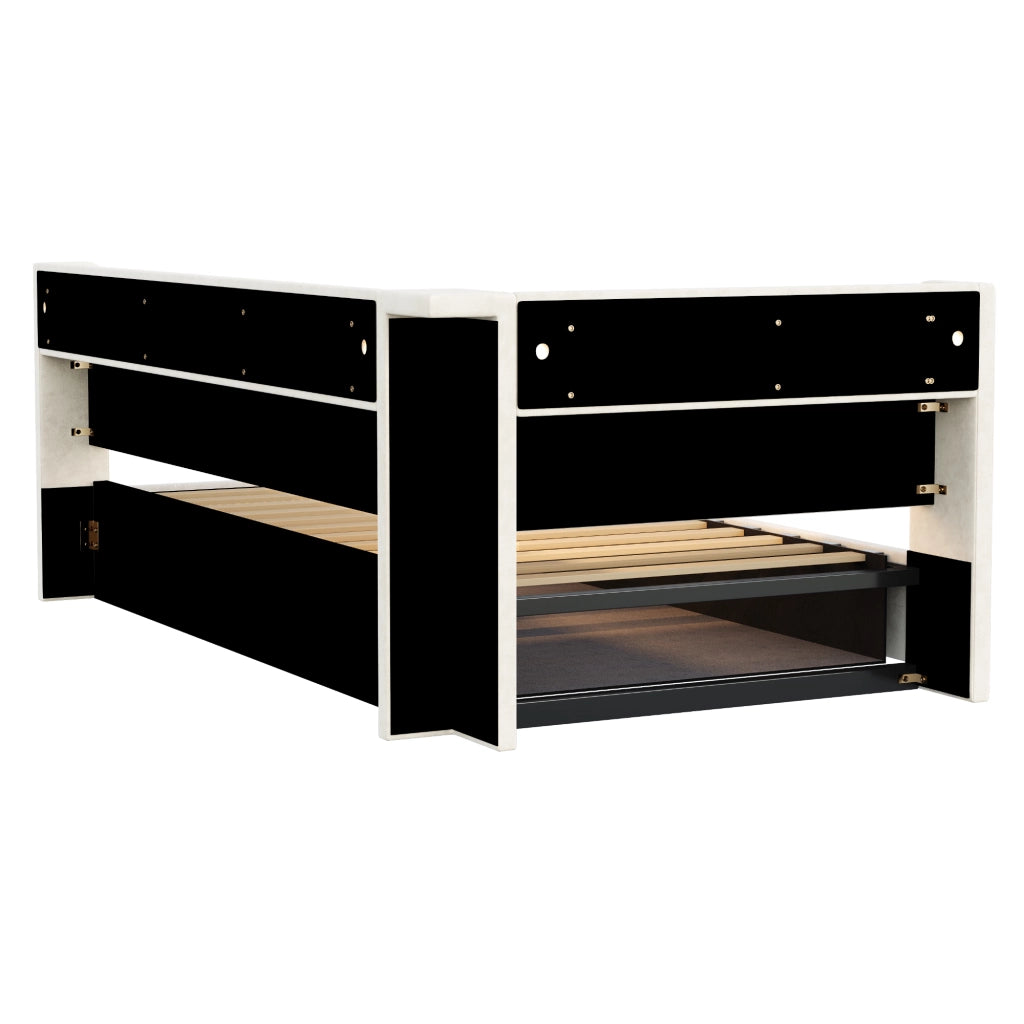 Letto singolo 90×200 cm con contenitore idraulico; ripiani; LED; USB e Type-C; senza materasso; velluto; beige