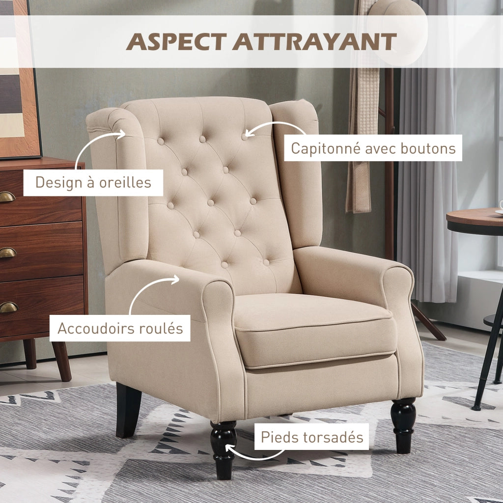 Poltrona capitonnata ¨C zephmum ¨C beige, tessuto, gambe in legno, 74x87x102 cm