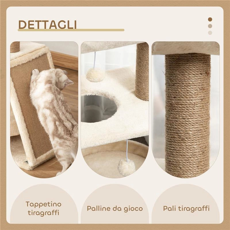 ALBERO TIRAGRAFFI PER GATTI CON LETTINO, CUCCIA E TAPPETINO, IN LEGNO, PELUCHE E SISAL, 60X30X76 CM, MARRONE CHIARO