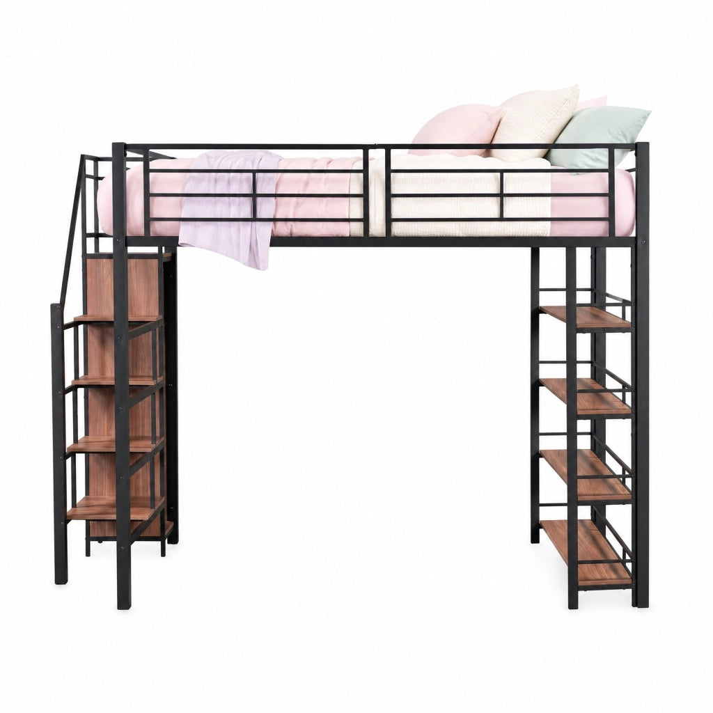 Letto a soppalco 140x200 cm in metallo e MDF nero con scala contenitore e guardaroba